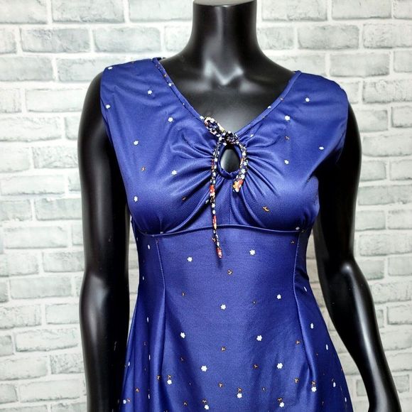 Vintage 50s Handmade Blue Floral Empire Waist Sleeveless Nylon Dress Pinup - Picture 2 of 6